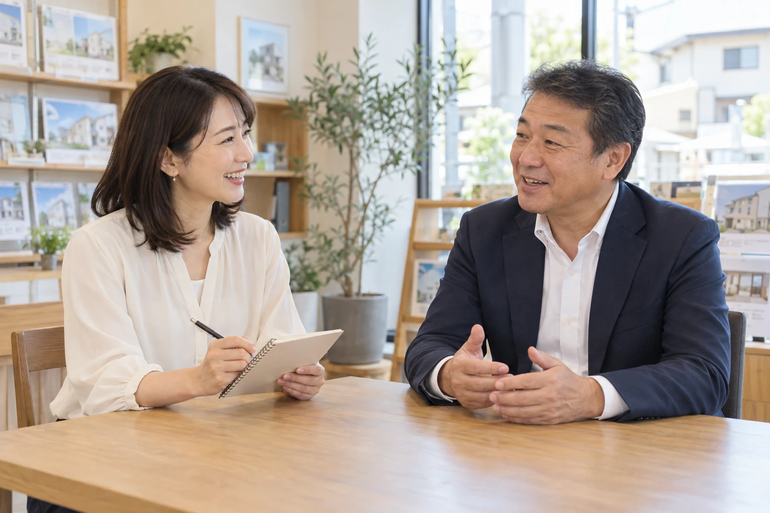 女性MCと男性店長が対談する取材風景の仮イメージ。実際の出演者ではありません。